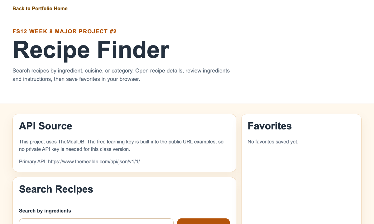 Thumbnail representing the recipe finder app with API search and saved favorites